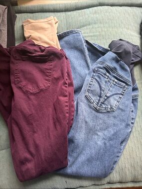Maternity Women's Denim Jeans and Burgundy Pants Bundle - Blue & Burgundy